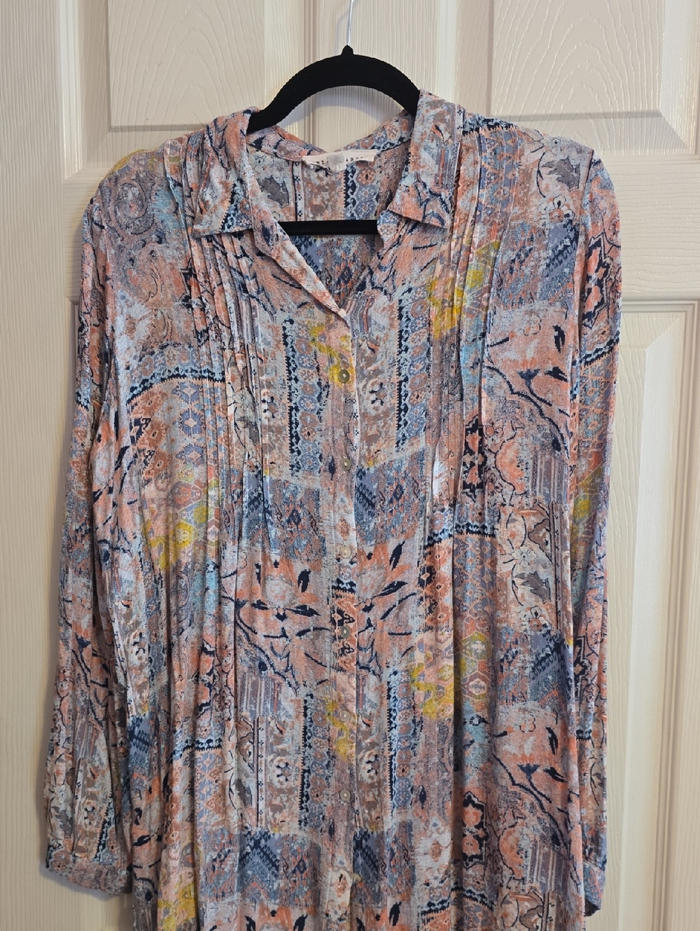 Jane‎ + Delancey Printed Button-Front Blouse in Peach & Blue